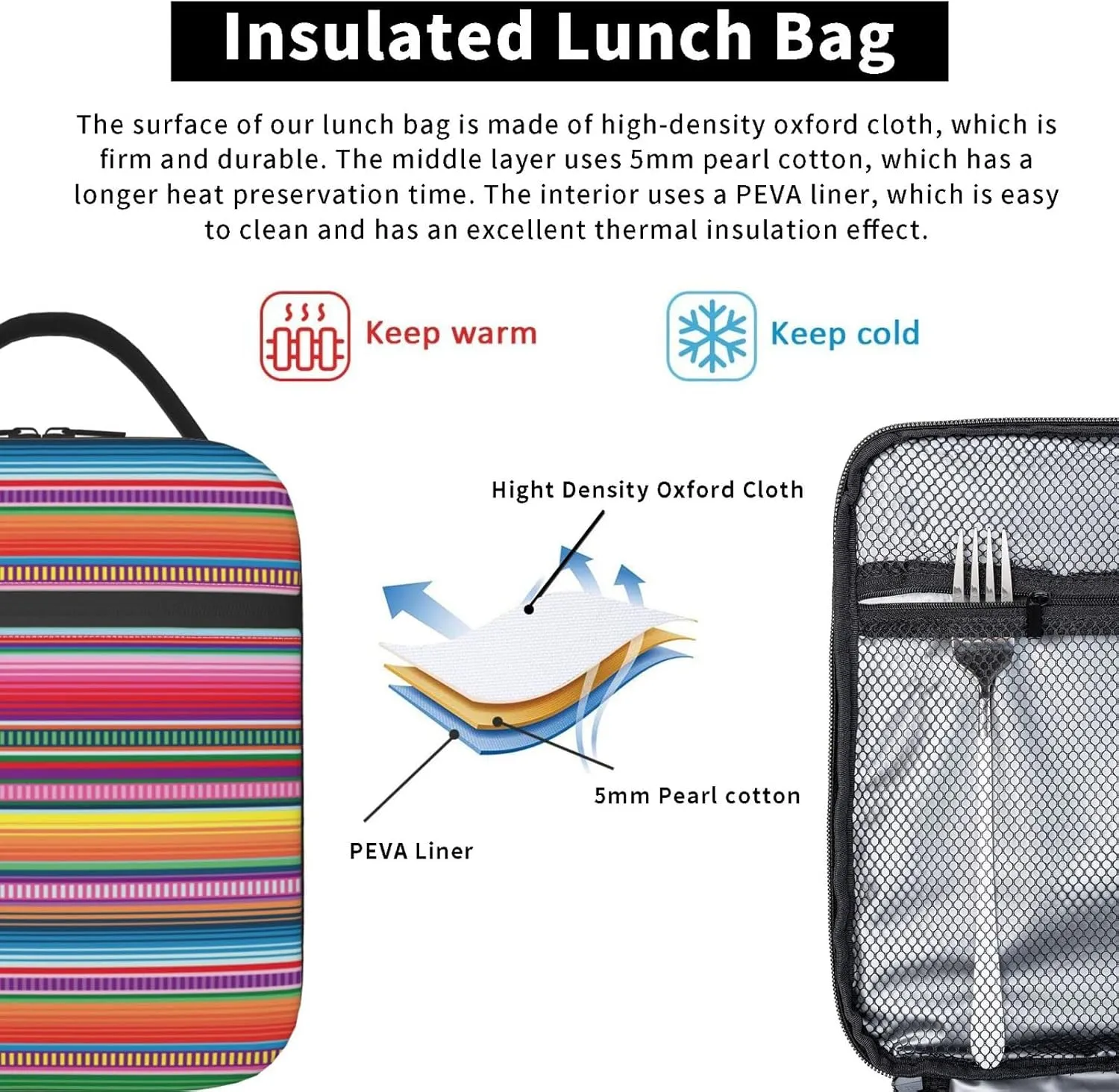 Gianlaima Mexican Blanket Serape Stripe Pattern Colorful Lunch Bag Portable Insulated Lunch Bag Reusable Cooler Totes For Women Men Adults Work Picnic Camping