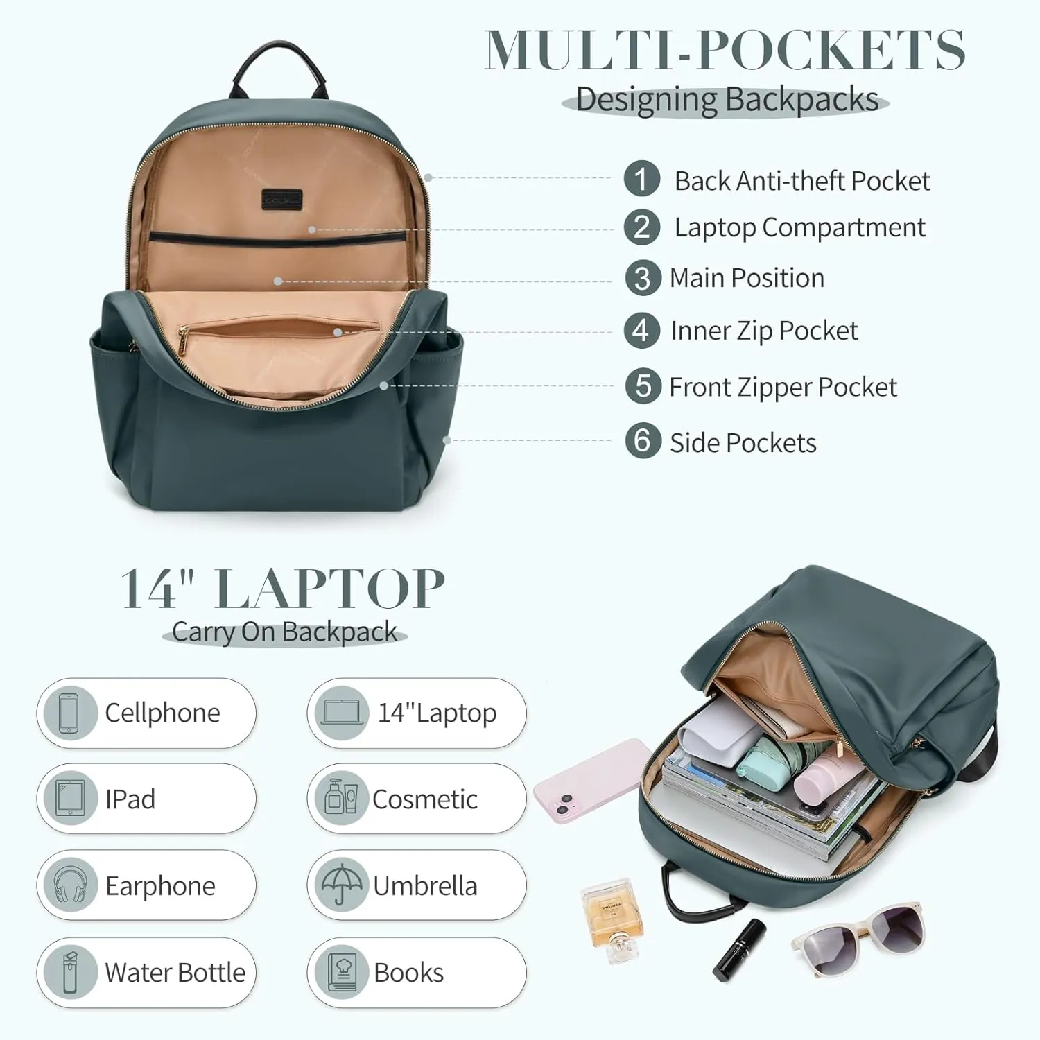 GOLF SUPAGS Stylish Laptop Backpack for Women Computer Bag Fits 14 Inch Notebook Travel College Work Backpacks Purse (Atrovirens)