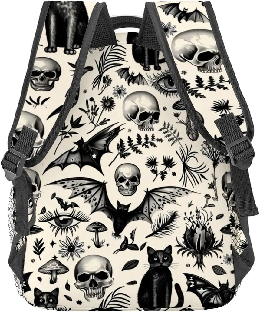 Gothic Backpack,Skull Black Cat Retro Polyester Backpacks,Lightweight Double Shoulder Back Pack for Women,Vintage Goth Halloween Bookbag,School Bag Gifts,Casual Travel Daypack Book Packs