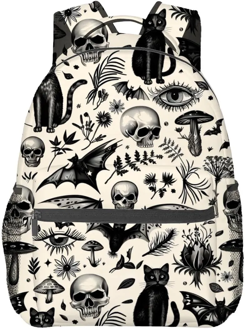 Gothic Backpack,Skull Black Cat Retro Polyester Backpacks,Lightweight Double Shoulder Back Pack for Women,Vintage Goth Halloween Bookbag,School Bag Gifts,Casual Travel Daypack Book Packs