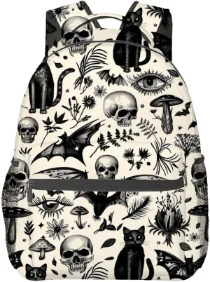 Gothic Backpack,Skull Black Cat Retro Polyester Backpacks,Lightweight Double Shoulder Back Pack for Women,Vintage Goth Halloween Bookbag,School Bag Gifts,Casual Travel Daypack Book Packs