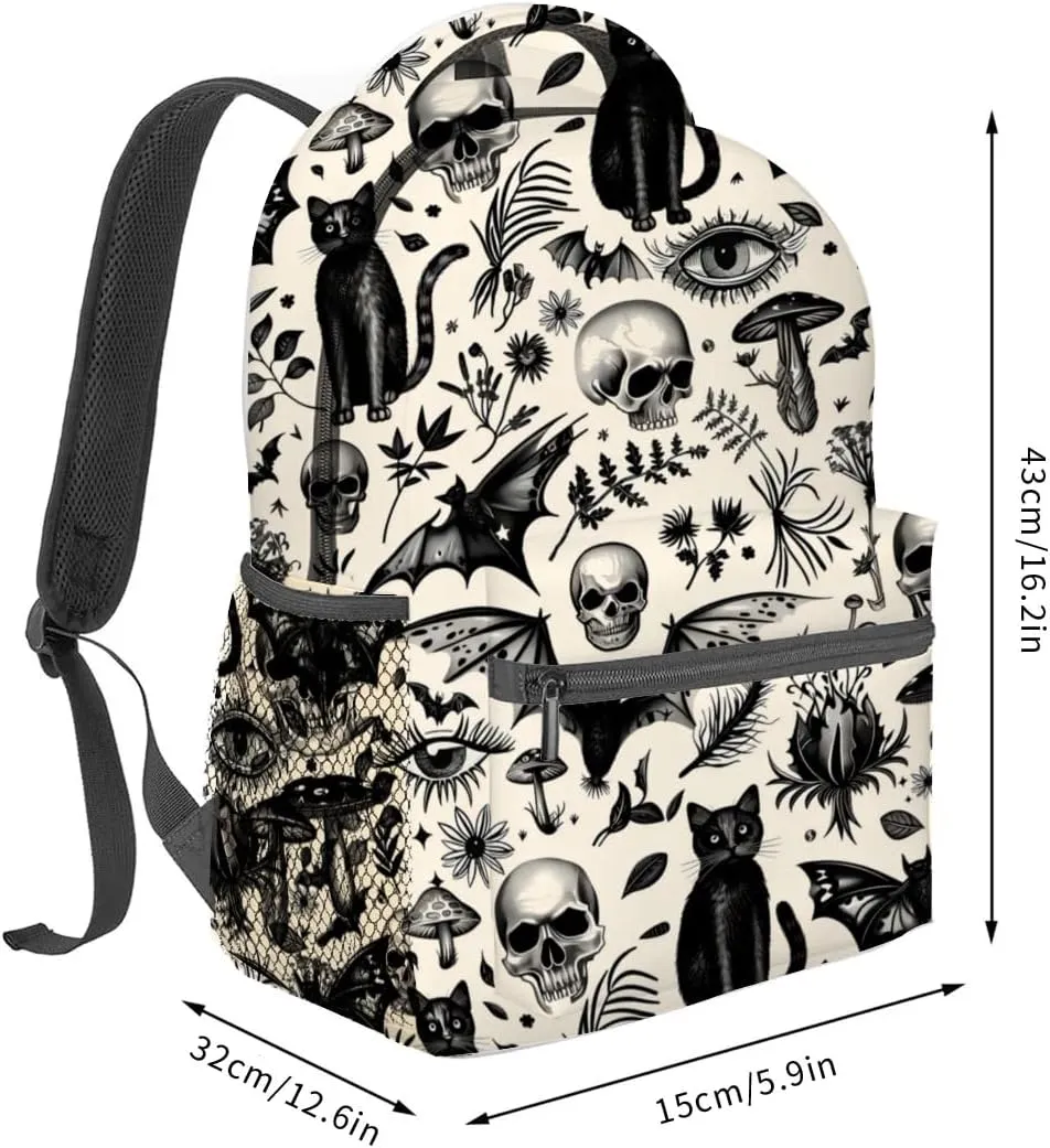 Gothic Backpack,Skull Black Cat Retro Polyester Backpacks,Lightweight Double Shoulder Back Pack for Women,Vintage Goth Halloween Bookbag,School Bag Gifts,Casual Travel Daypack Book Packs