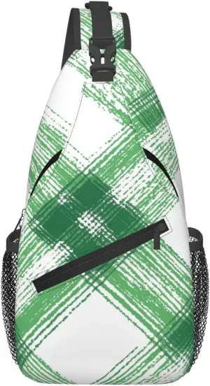 Green Check Geometric Sling Bag Crossbody Bag for Men Women, Daypack Chest Backpack Shoulder Bag for Travle Hiking