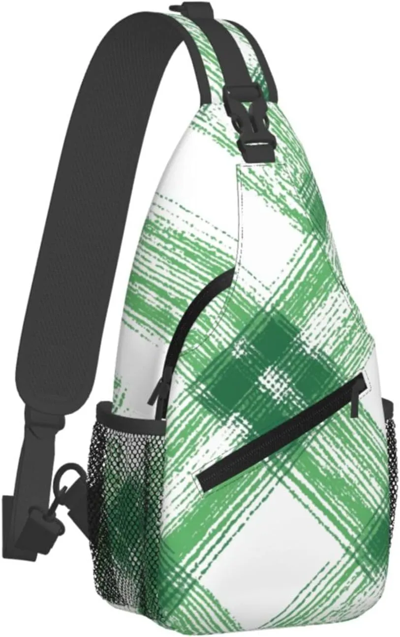Green Check Geometric Sling Bag Crossbody Bag for Men Women, Daypack Chest Backpack Shoulder Bag for Travle Hiking