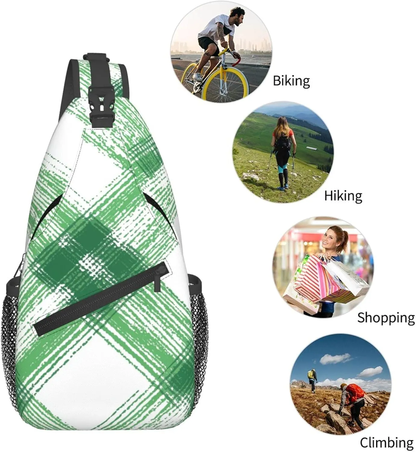 Green Check Geometric Sling Bag Crossbody Bag for Men Women, Daypack Chest Backpack Shoulder Bag for Travle Hiking