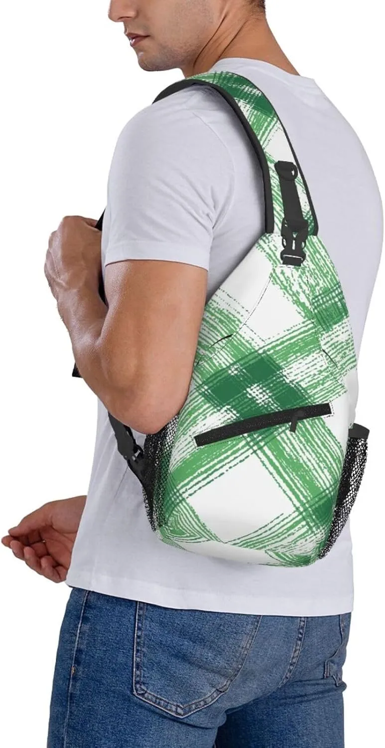 Green Check Geometric Sling Bag Crossbody Bag for Men Women, Daypack Chest Backpack Shoulder Bag for Travle Hiking