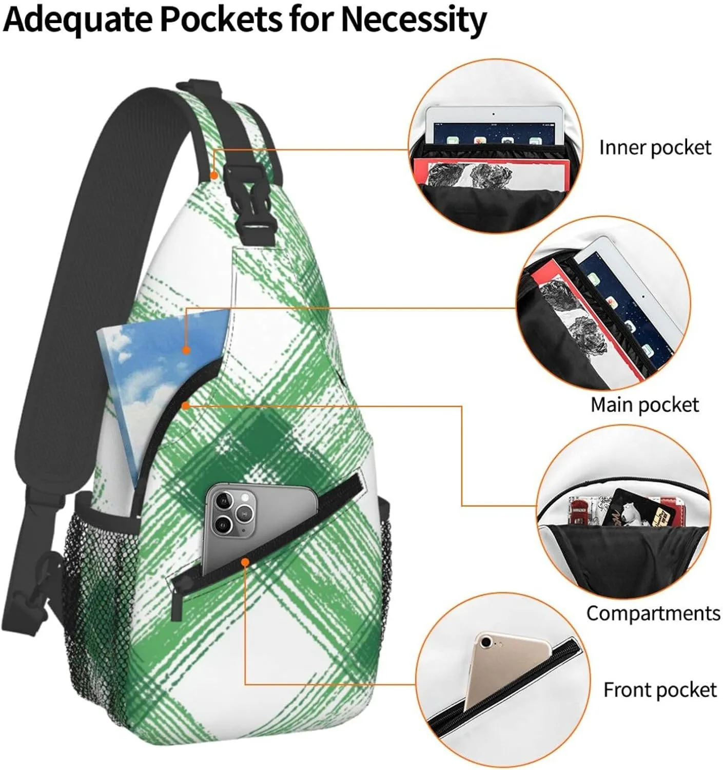 Green Check Geometric Sling Bag Crossbody Bag for Men Women, Daypack Chest Backpack Shoulder Bag for Travle Hiking