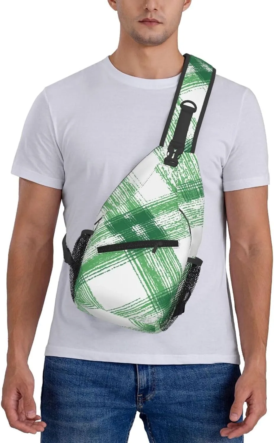 Green Check Geometric Sling Bag Crossbody Bag for Men Women, Daypack Chest Backpack Shoulder Bag for Travle Hiking