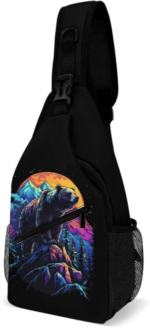 Grizzly Bear Sunset Casual Sling Bag Backpack Travel Shoulder Chest Crossbody Bags Adjustable Daypack Unisex