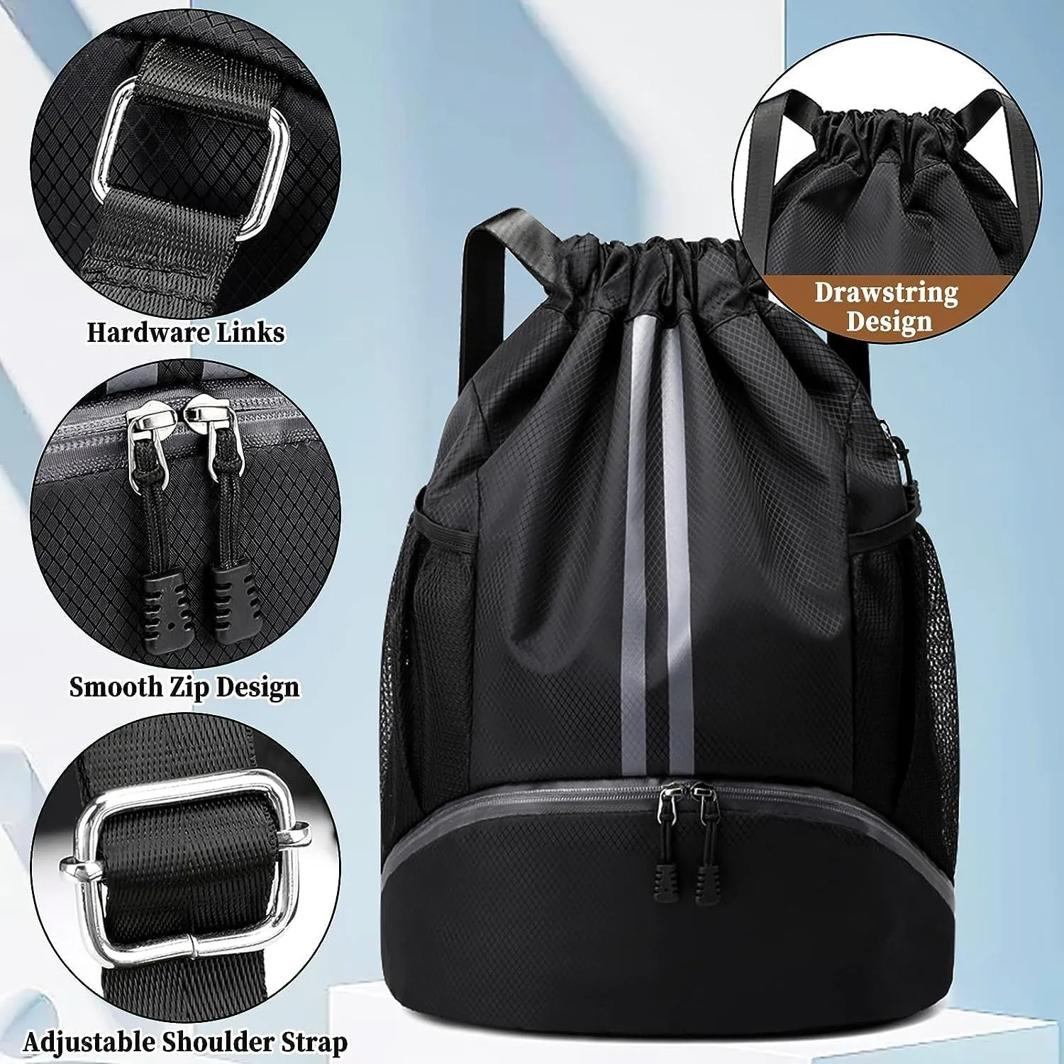 Gym Drawstring Backpack Large String Basketball Bag Workout Cinch Bag with Dry Wet Separation Pocket and Shoes Compartment for Men Women (Black)