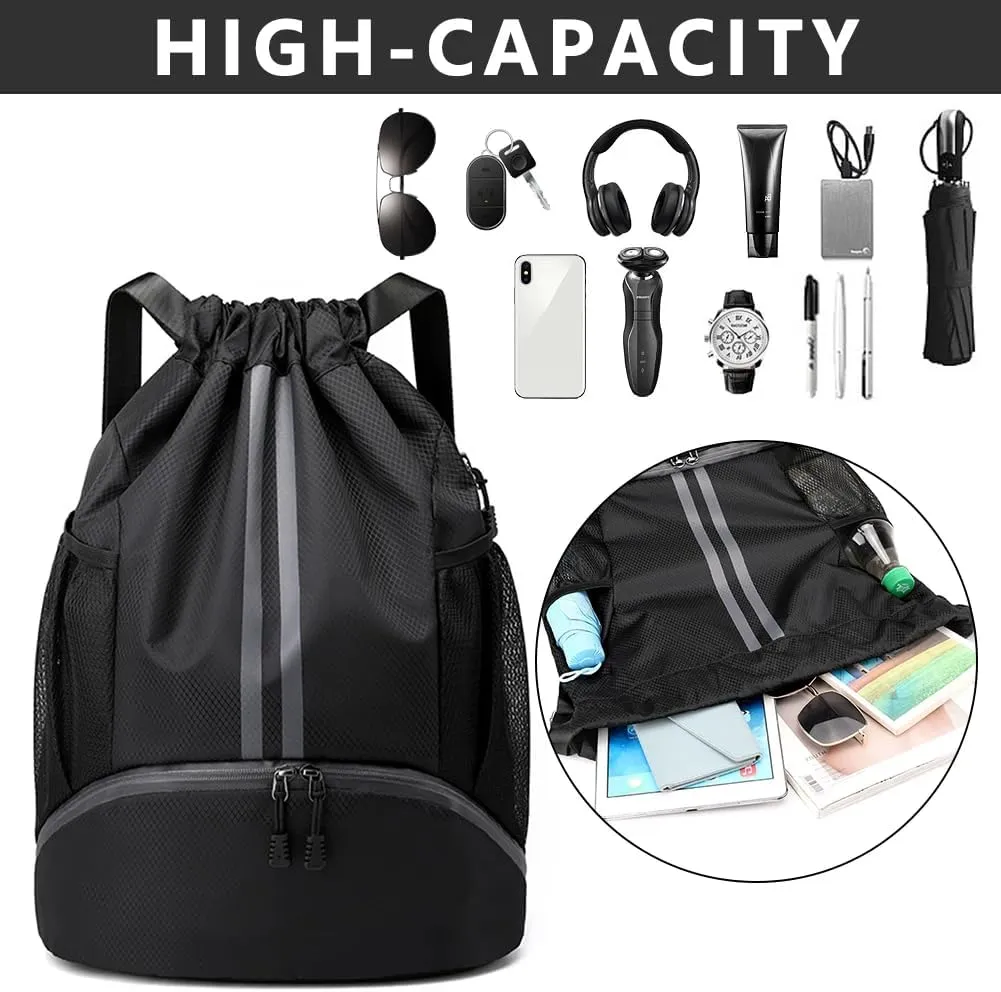 Gym Drawstring Backpack Large String Basketball Bag Workout Cinch Bag with Dry Wet Separation Pocket and Shoes Compartment for Men Women (Black)