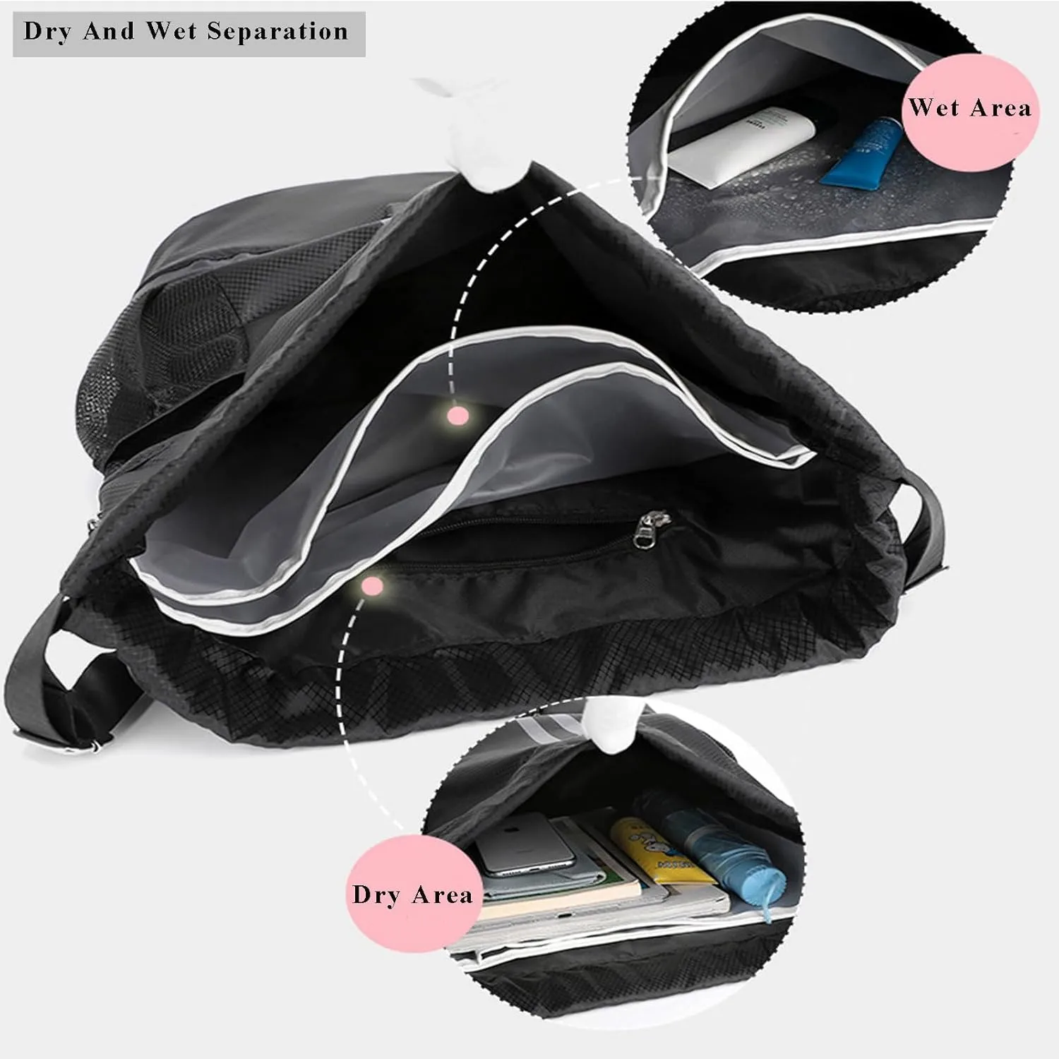 Gym Drawstring Backpack Large String Basketball Bag Workout Cinch Bag with Dry Wet Separation Pocket and Shoes Compartment for Men Women (Black)