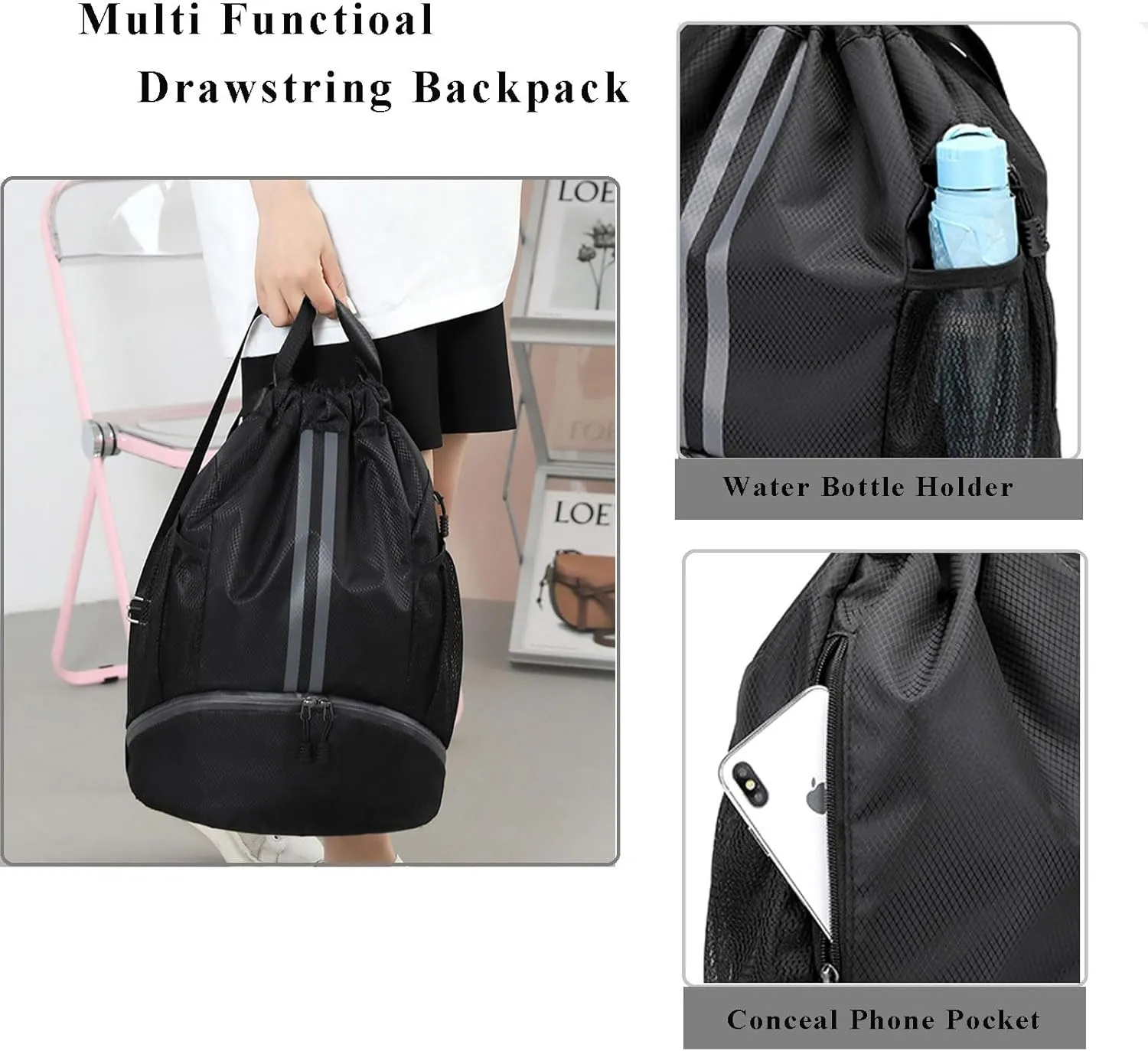 Gym Drawstring Backpack Large String Basketball Bag Workout Cinch Bag with Dry Wet Separation Pocket and Shoes Compartment for Men Women (Black)