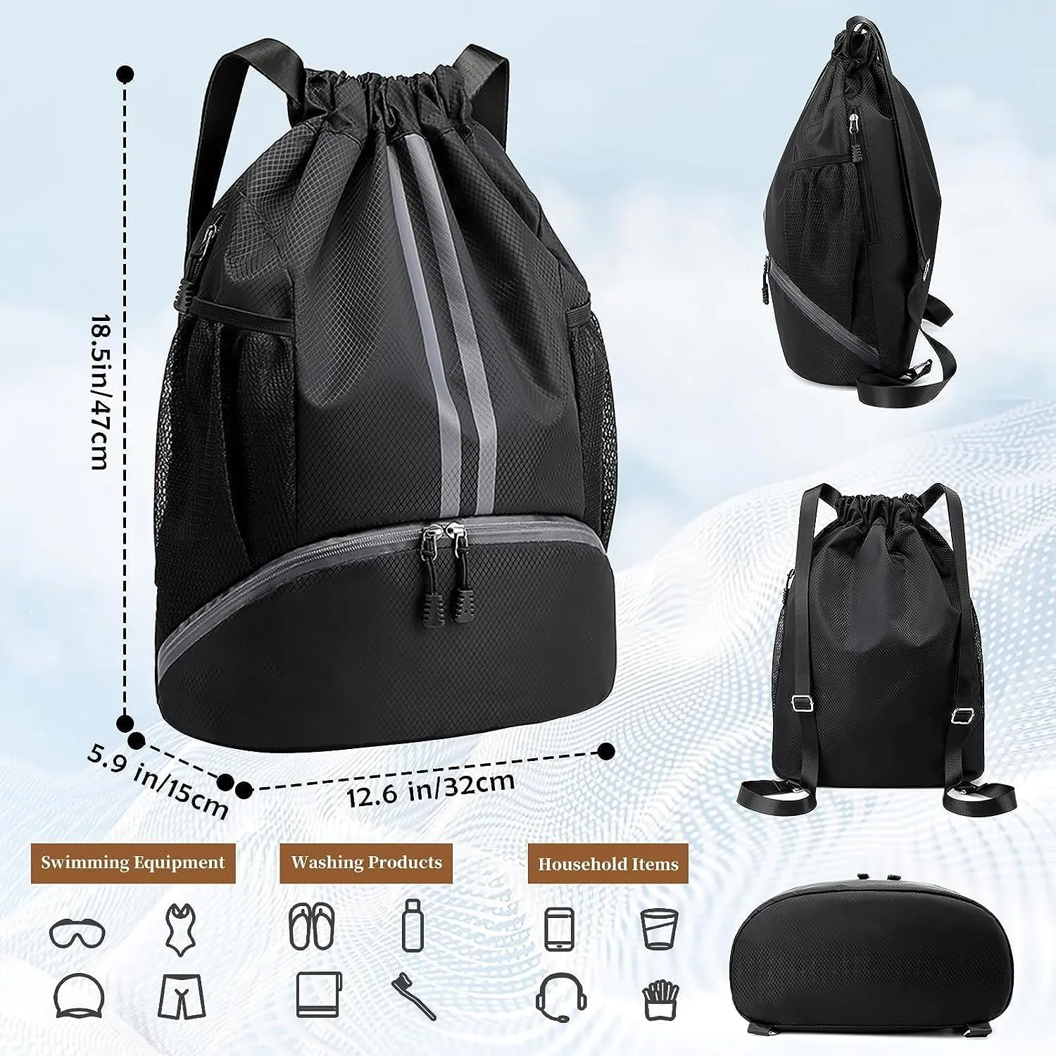 Gym Drawstring Backpack Large String Basketball Bag Workout Cinch Bag with Dry Wet Separation Pocket and Shoes Compartment for Men Women (Black)
