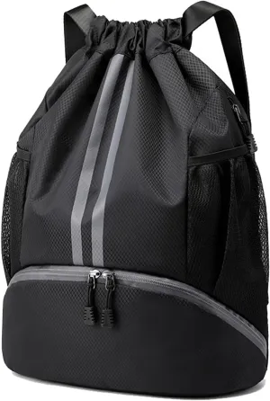 Gym Drawstring Backpack Large String Basketball Bag Workout Cinch Bag with Dry Wet Separation Pocket and Shoes Compartment for Men Women (Black)