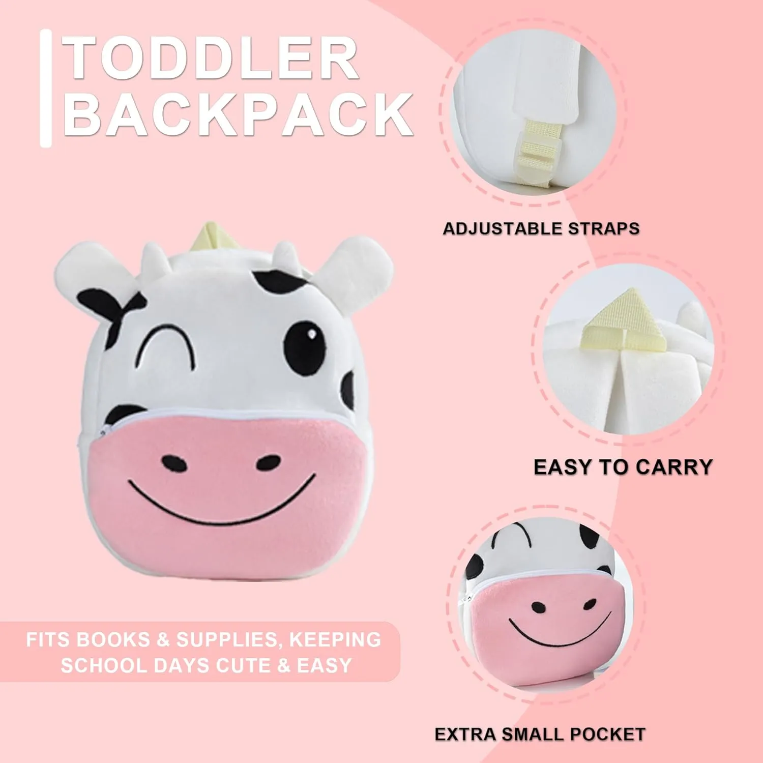 HAHASHOW Toddler Backpacks for Boys Girls 2-4, Cute Plush Animal Cartoon Kids Backpack for Daycare Kindergarten Preschool Travel Cow