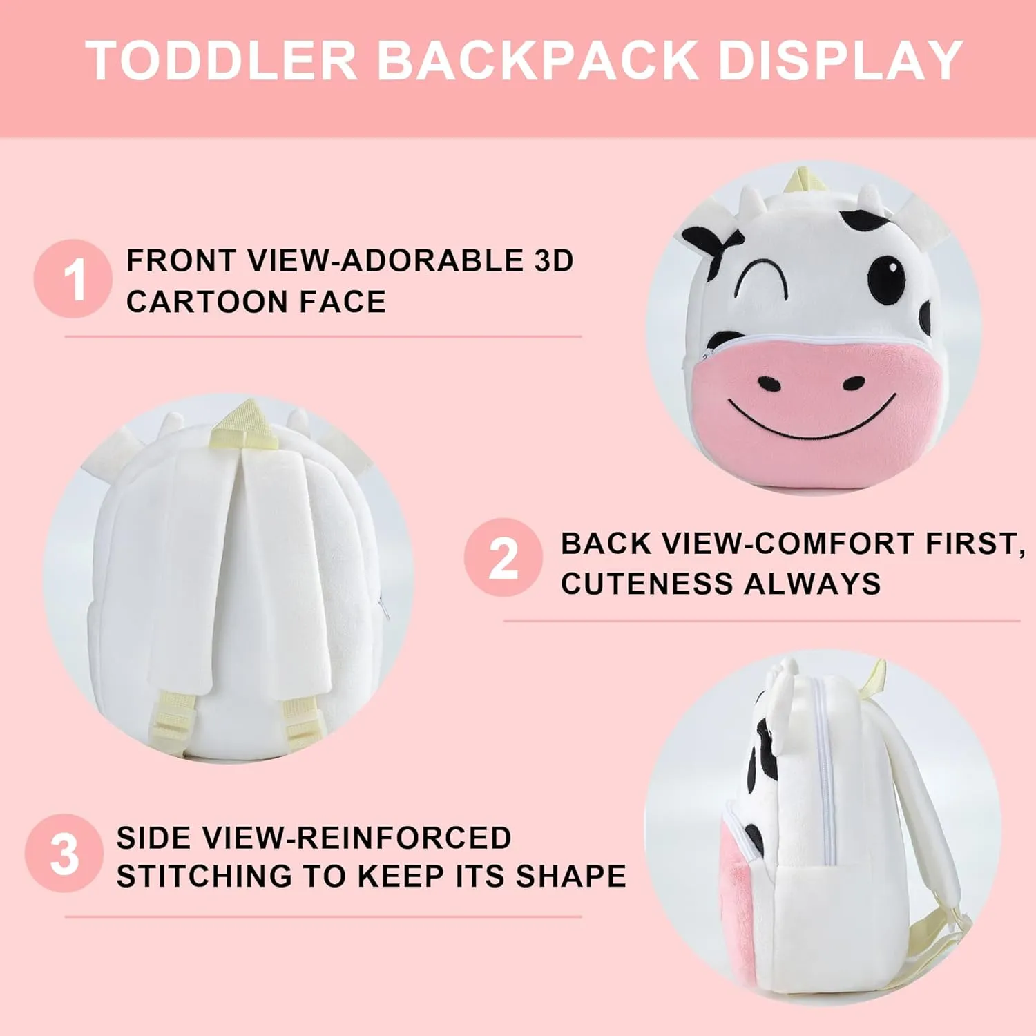HAHASHOW Toddler Backpacks for Boys Girls 2-4, Cute Plush Animal Cartoon Kids Backpack for Daycare Kindergarten Preschool Travel Cow