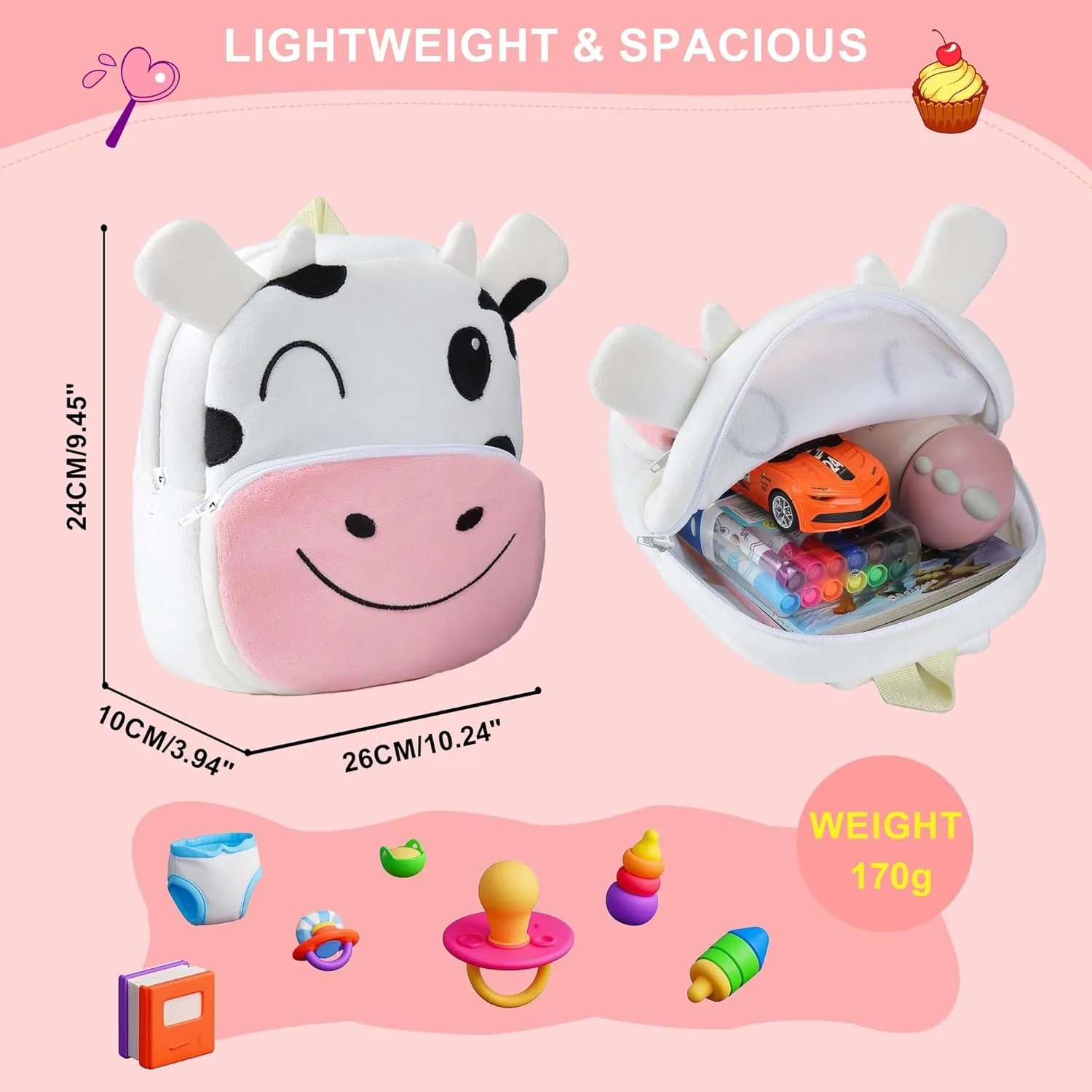 HAHASHOW Toddler Backpacks for Boys Girls 2-4, Cute Plush Animal Cartoon Kids Backpack for Daycare Kindergarten Preschool Travel Cow