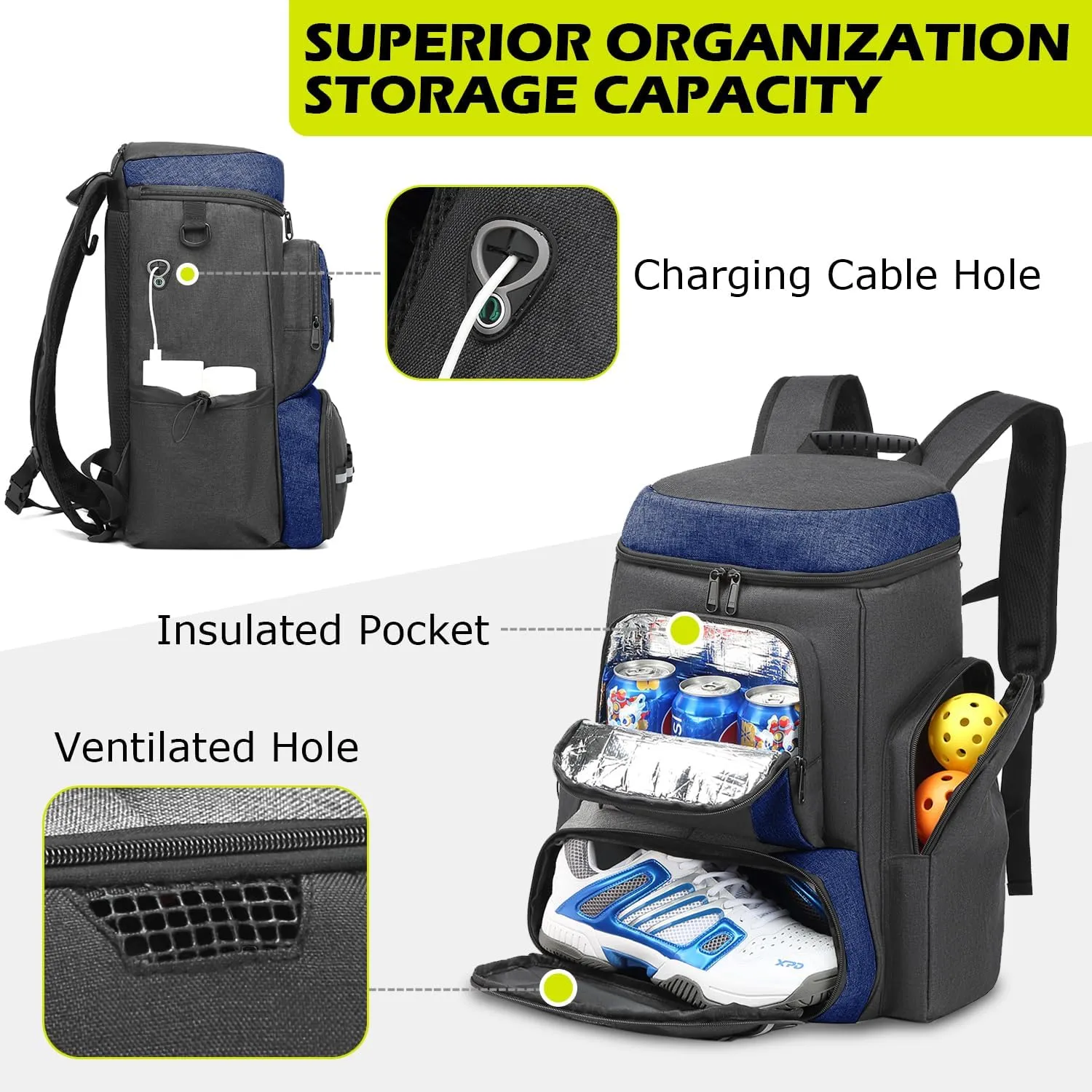 HAMBOLY Pickleball Bag for Men & Women, Pickleball Backpack with various Zipper Pockets for Balls, Paddles, Shoes, Bottles, Cold Drinks and Wet Towel, with a Fence Hook