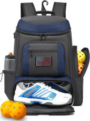 HAMBOLY Pickleball Bag for Men & Women, Pickleball Backpack with various Zipper Pockets for Balls, Paddles, Shoes, Bottles, Cold Drinks and Wet Towel, with a Fence Hook