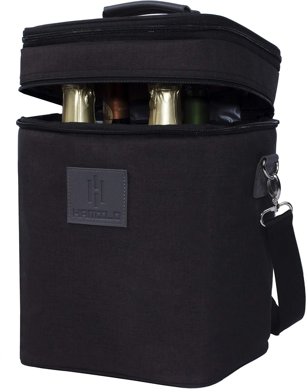 HAMILO 4 Bottle Wine Carrier - Charcoal, Champagne Carrier Bag, Waterproof Wine Tote with Expandable Zipper and Padded Shoulder, Insulated Wine Bag, Wine Cooler Bag, Wine Accessories Gift for Women