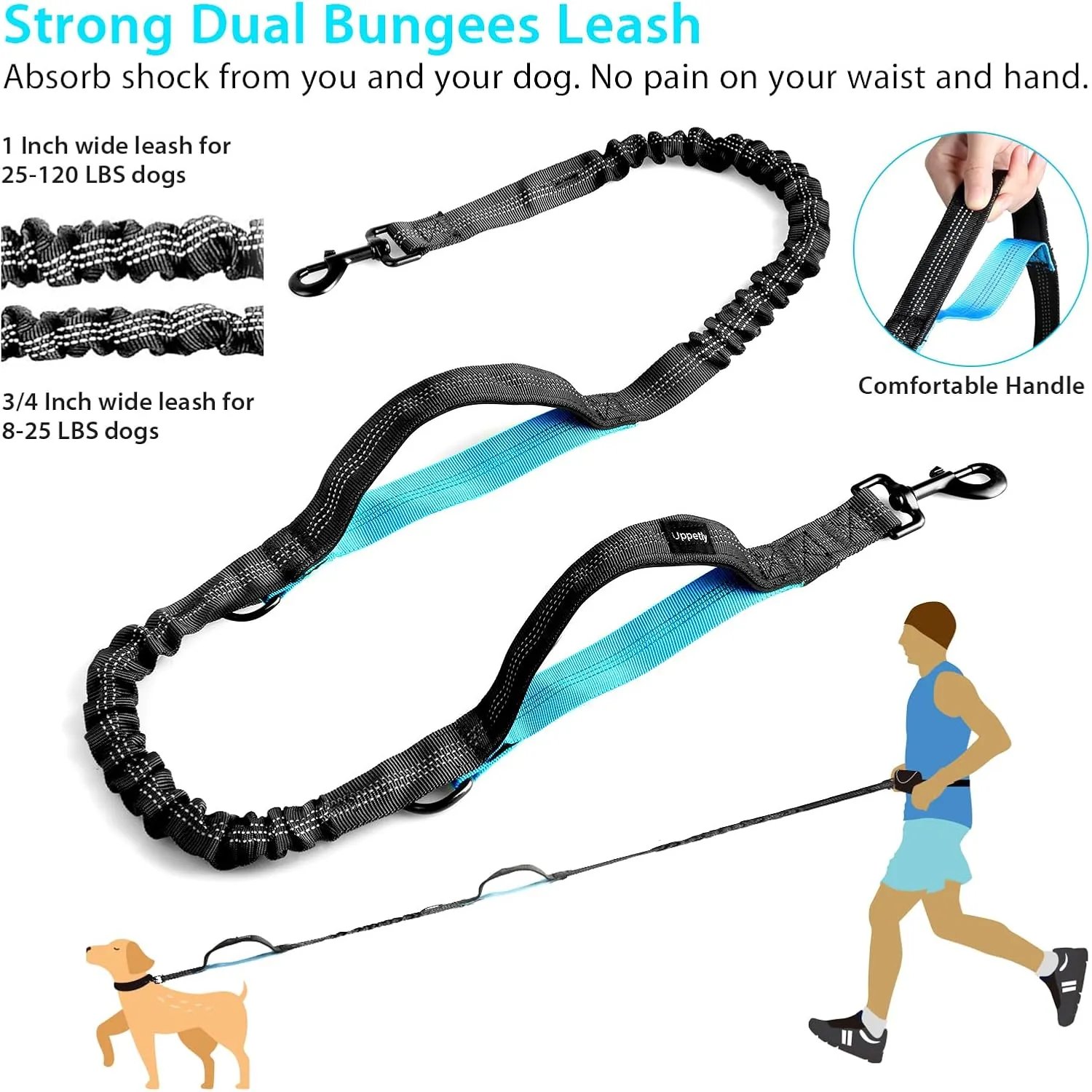 Hands Free Dog Running Leash with Zipper Pouch, Dual Handle, Elastic Bungees Retractable Rope for Medium and Large Dogs, Waist Bag Pack Carry Phones for Walking Hiking Biking (Large, 25-120lb)