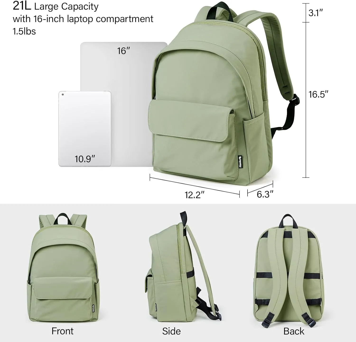 Hanke Casual Backpacks Travel Backpack for Women & Men, Lightweight Carry On Backpack for Work,Hiking wiht Unique Comfort Design (Grayish Green)
