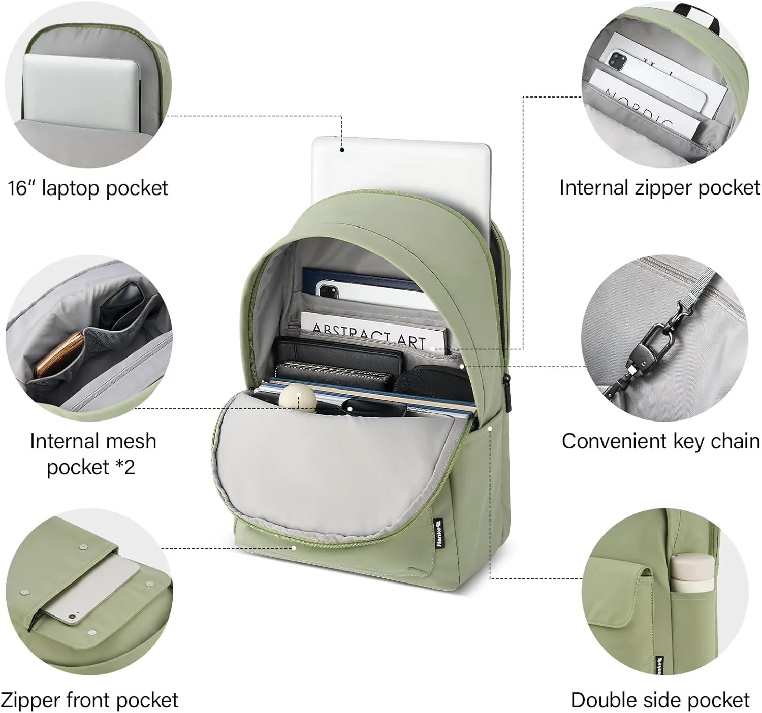 Hanke Casual Backpacks Travel Backpack for Women & Men, Lightweight Carry On Backpack for Work,Hiking wiht Unique Comfort Design (Grayish Green)