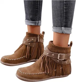 Hbeylia Boho Boots For Women Vintage Casual Tassel Fringe Suede Wide Round Toe Ankle Booties With Side Zipper Fashion Bohemian Slip On Flats Anti Skid Winter Mid Calf Short Dress Boots For Lady Girl