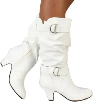 Hbeylia Boots For Women Fashion Slouchy Ruched Leather Round Toe Chunky Mid Heels Mid Calf Riding Boots With Side Zip Stacked Wide Knee High Combat Cowboy Tall Boots Dress Pump Shoes For Wedding