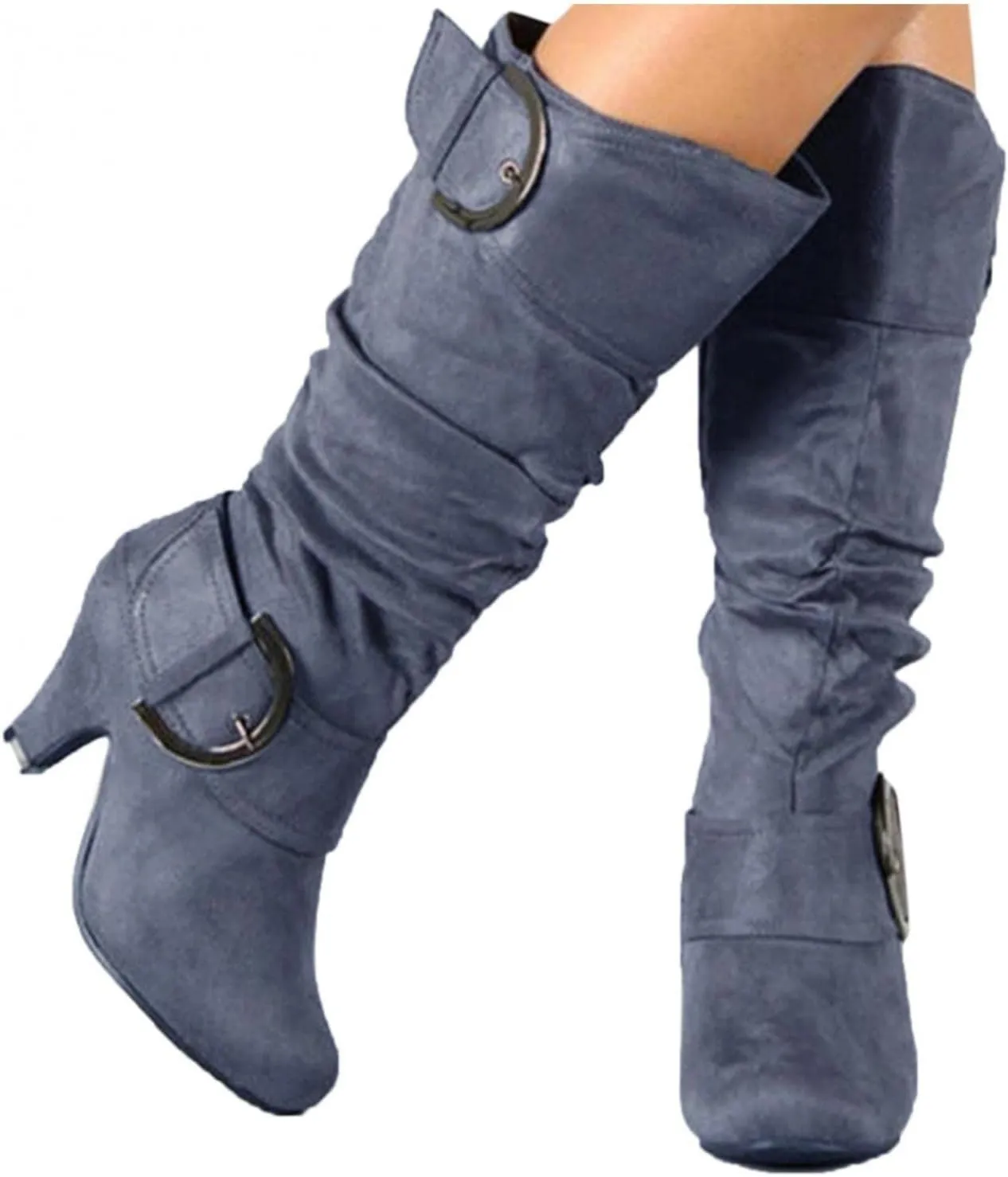 Hbeylia Boots For Women Fashion Slouchy Ruched Leather Round Toe Chunky Mid Heels Mid Calf Riding Boots With Side Zip Stacked Wide Knee High Combat Cowboy Tall Boots Dress Pump Shoes For Wedding