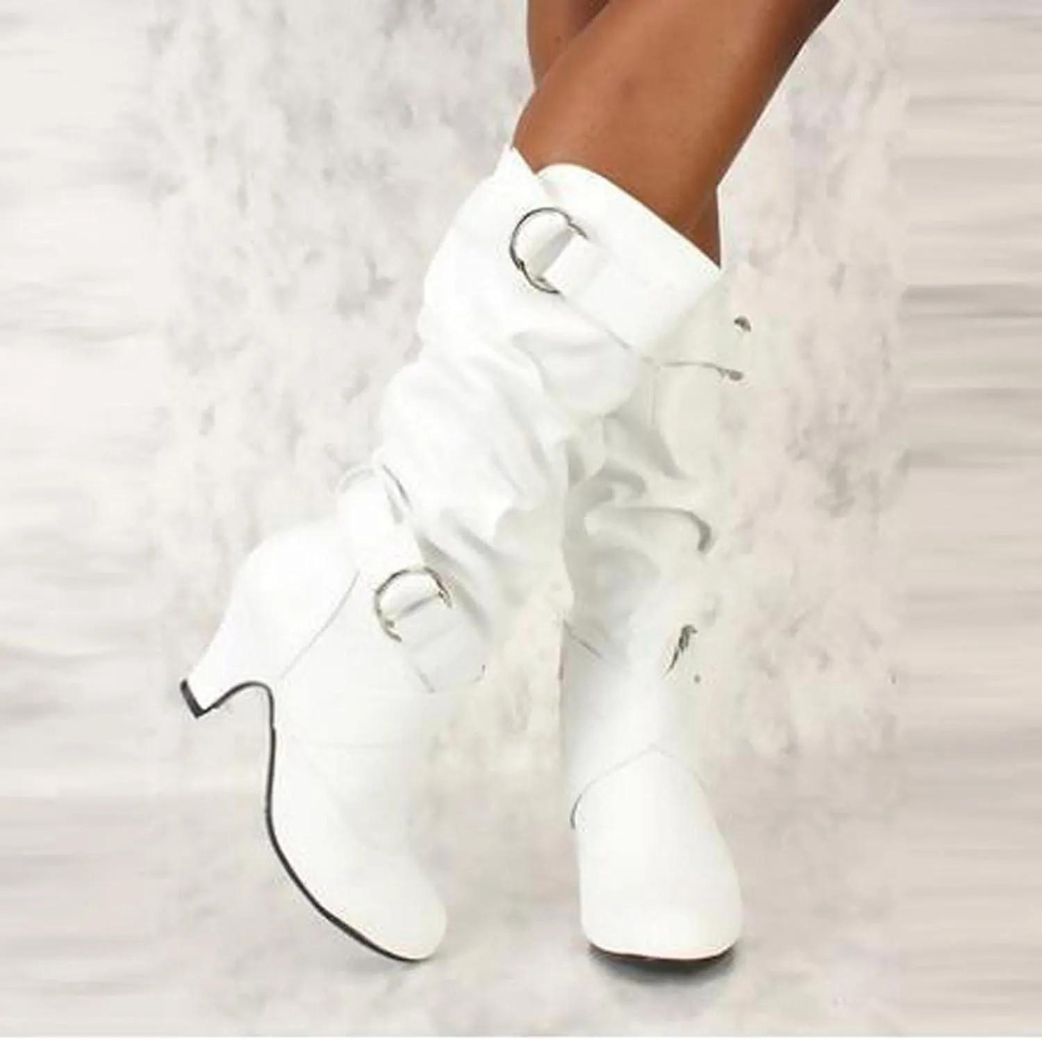 Hbeylia Boots For Women Fashion Slouchy Ruched Leather Round Toe Chunky Mid Heels Mid Calf Riding Boots With Side Zip Stacked Wide Knee High Combat Cowboy Tall Boots Dress Pump Shoes For Wedding