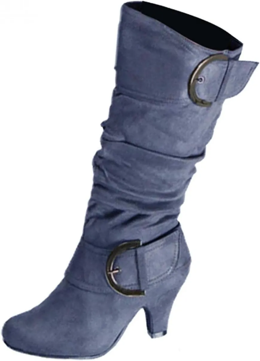 Hbeylia Boots For Women Fashion Slouchy Ruched Leather Round Toe Chunky Mid Heels Mid Calf Riding Boots With Side Zip Stacked Wide Knee High Combat Cowboy Tall Boots Dress Pump Shoes For Wedding