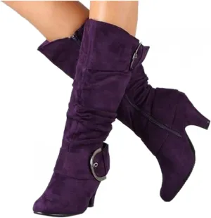 Hbeylia Boots For Women Fashion Slouchy Ruched Leather Round Toe Chunky Mid Heels Mid Calf Riding Boots With Side Zip Stacked Wide Knee High Combat Cowboy Tall Boots Dress Pump Shoes For Wedding