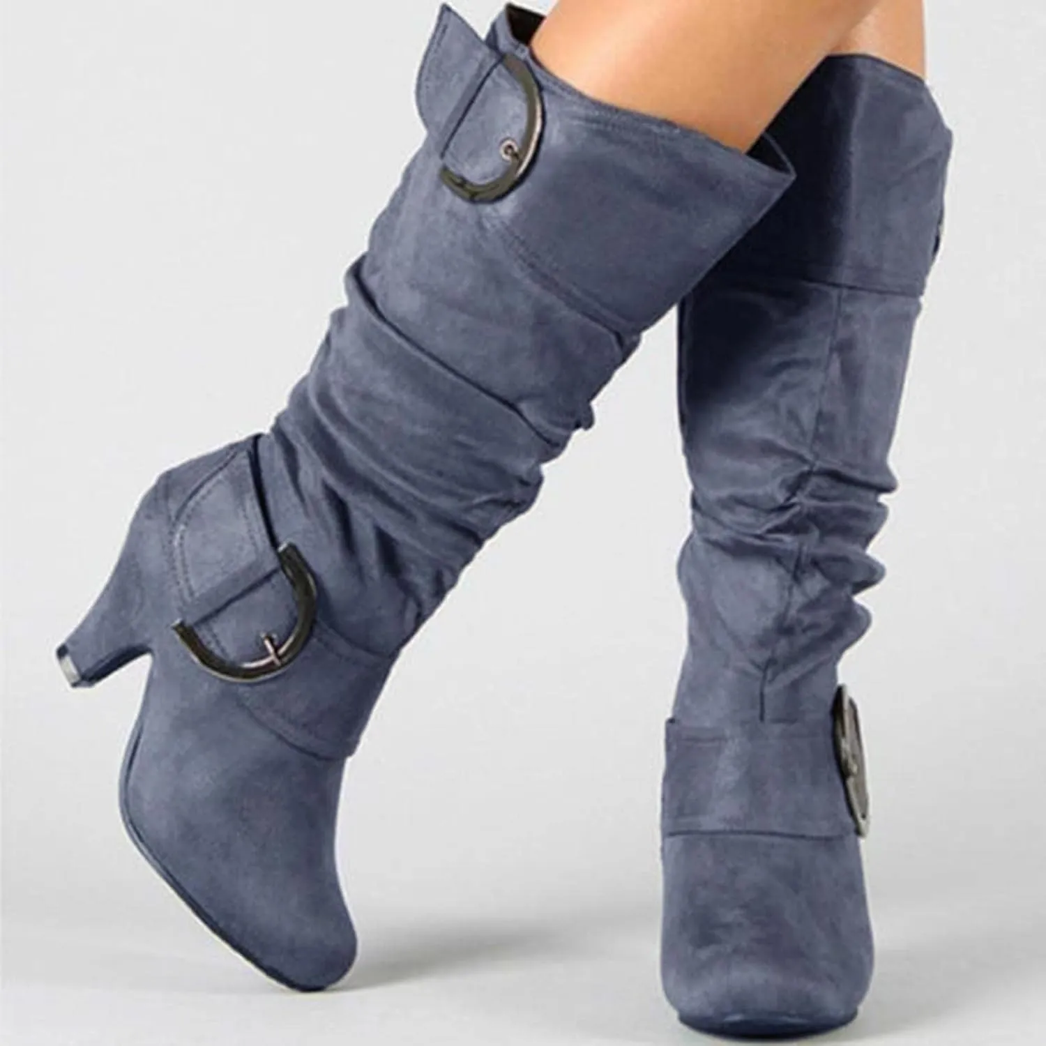 Hbeylia Boots For Women Fashion Slouchy Ruched Leather Round Toe Chunky Mid Heels Mid Calf Riding Boots With Side Zip Stacked Wide Knee High Combat Cowboy Tall Boots Dress Pump Shoes For Wedding