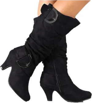 Hbeylia Boots For Women Fashion Slouchy Ruched Leather Round Toe Chunky Mid Heels Mid Calf Riding Boots With Side Zip Stacked Wide Knee High Combat Cowboy Tall Boots Dress Pump Shoes For Wedding