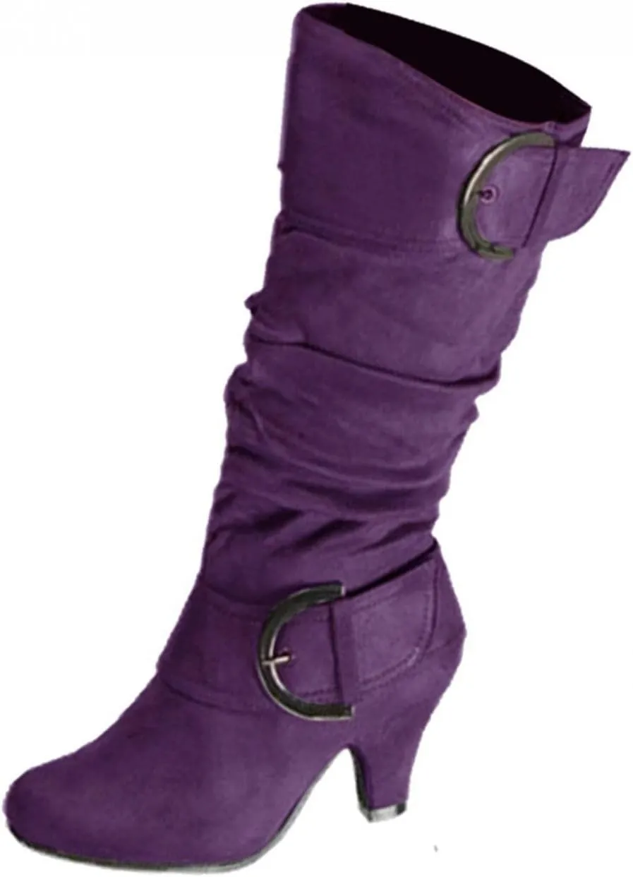 Hbeylia Boots For Women Fashion Slouchy Ruched Leather Round Toe Chunky Mid Heels Mid Calf Riding Boots With Side Zip Stacked Wide Knee High Combat Cowboy Tall Boots Dress Pump Shoes For Wedding