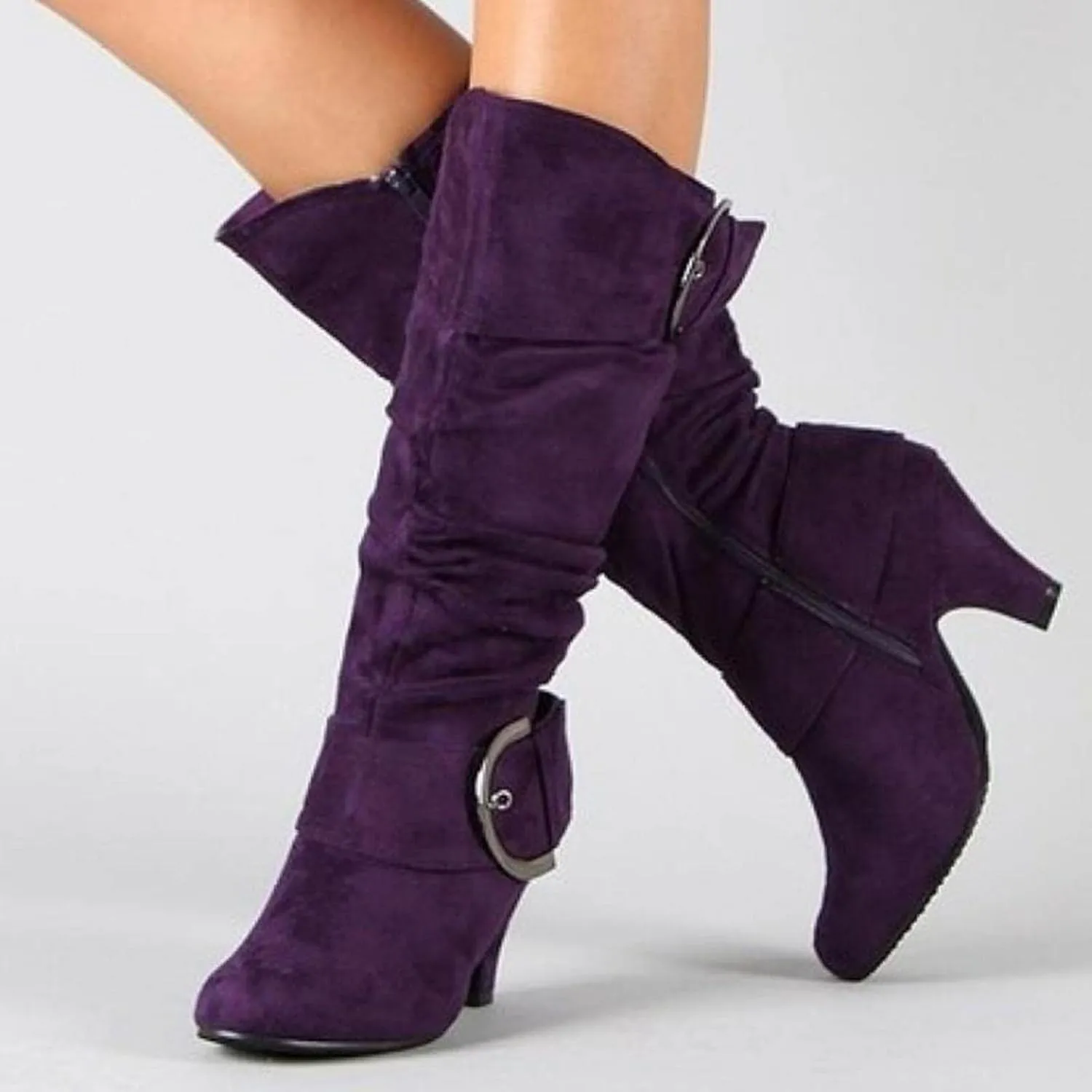 Hbeylia Boots For Women Fashion Slouchy Ruched Leather Round Toe Chunky Mid Heels Mid Calf Riding Boots With Side Zip Stacked Wide Knee High Combat Cowboy Tall Boots Dress Pump Shoes For Wedding