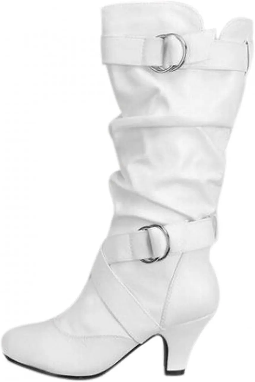 Hbeylia Boots For Women Fashion Slouchy Ruched Leather Round Toe Chunky Mid Heels Mid Calf Riding Boots With Side Zip Stacked Wide Knee High Combat Cowboy Tall Boots Dress Pump Shoes For Wedding