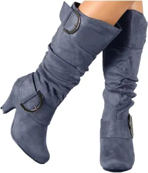 Hbeylia Boots For Women Fashion Slouchy Ruched Leather Round Toe Chunky Mid Heels Mid Calf Riding Boots With Side Zip Stacked Wide Knee High Combat Cowboy Tall Boots Dress Pump Shoes For Wedding