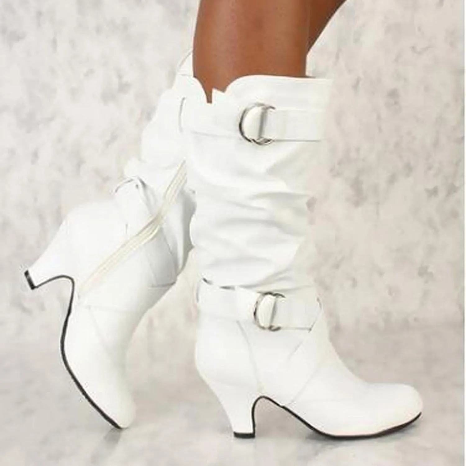 Hbeylia Boots For Women Fashion Slouchy Ruched Leather Round Toe Chunky Mid Heels Mid Calf Riding Boots With Side Zip Stacked Wide Knee High Combat Cowboy Tall Boots Dress Pump Shoes For Wedding