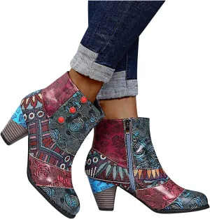 Hbeylia Boots For Women Fashion Snake Leather Round Toe Pump Ankle Booties Trendy Chunky High Heels Dress Short Boots For Ladies