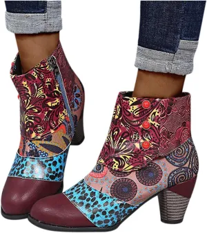 Hbeylia Boots For Women Fashion Snake Leather Round Toe Pump Ankle Booties Trendy Chunky High Heels Dress Short Boots For Ladies