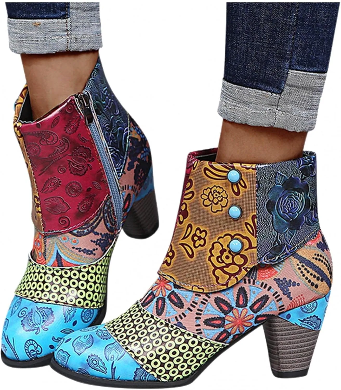 Hbeylia Boots For Women Fashion Snake Leather Round Toe Pump Ankle Booties Trendy Chunky High Heels Dress Short Boots For Ladies