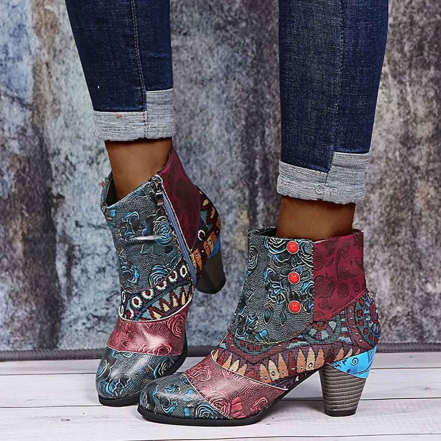 Hbeylia Boots For Women Fashion Snake Leather Round Toe Pump Ankle Booties Trendy Chunky High Heels Dress Short Boots For Ladies