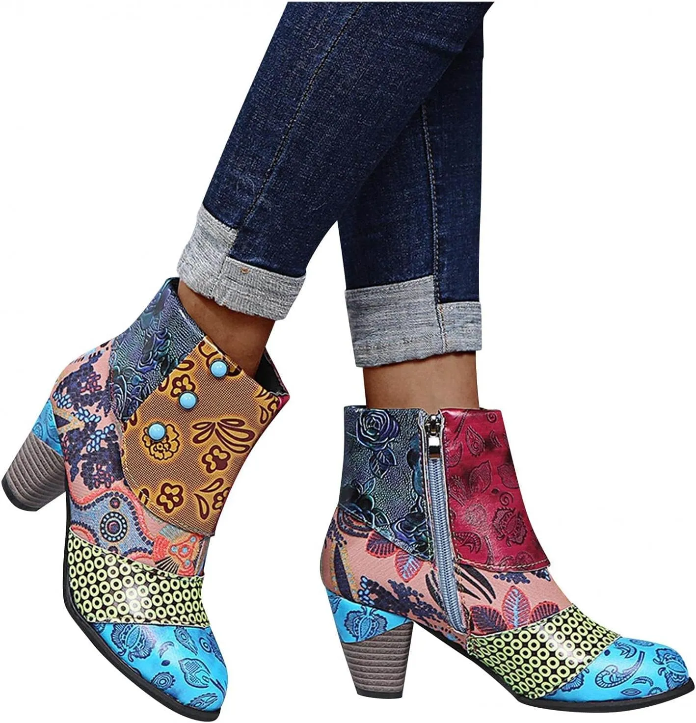Hbeylia Boots For Women Fashion Snake Leather Round Toe Pump Ankle Booties Trendy Chunky High Heels Dress Short Boots For Ladies