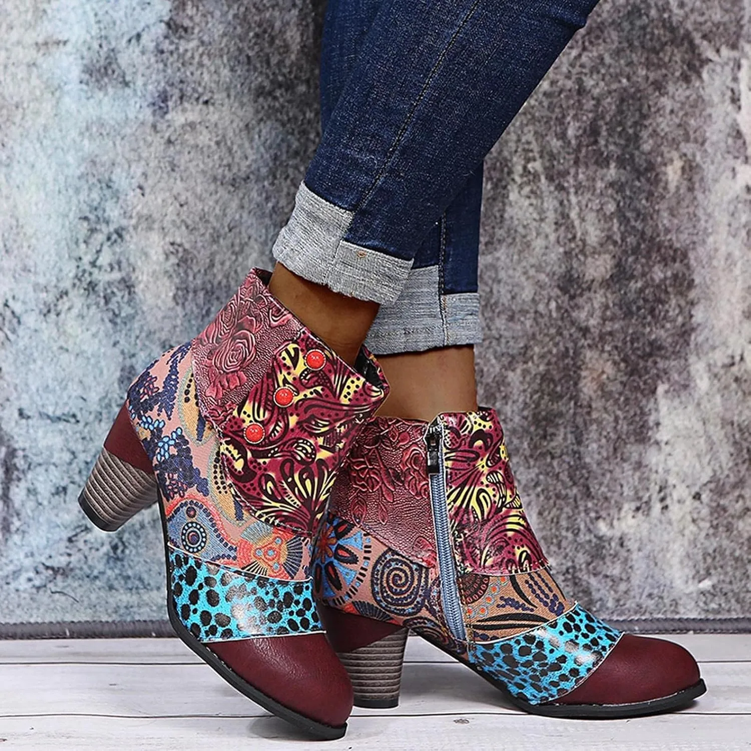 Hbeylia Boots For Women Fashion Snake Leather Round Toe Pump Ankle Booties Trendy Chunky High Heels Dress Short Boots For Ladies