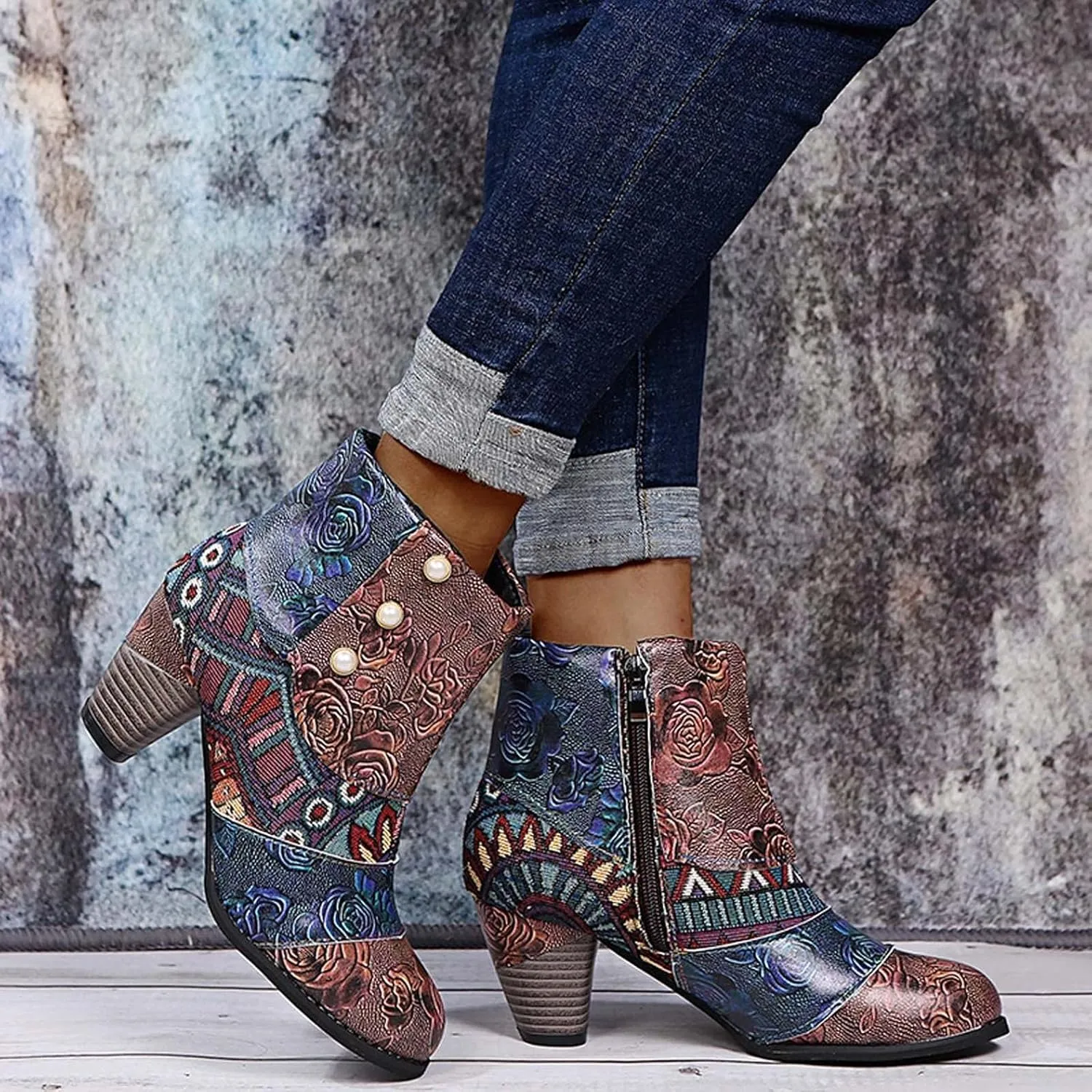 Hbeylia Boots For Women Fashion Snake Leather Round Toe Pump Ankle Booties Trendy Chunky High Heels Dress Short Boots For Ladies