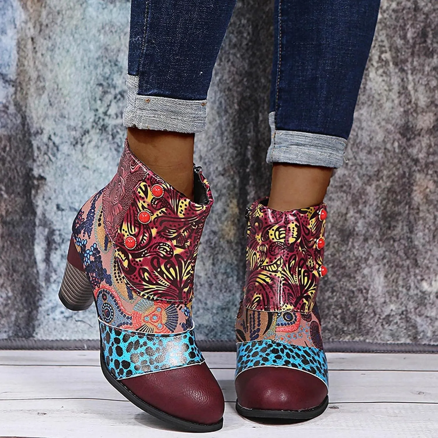 Hbeylia Boots For Women Fashion Snake Leather Round Toe Pump Ankle Booties Trendy Chunky High Heels Dress Short Boots For Ladies