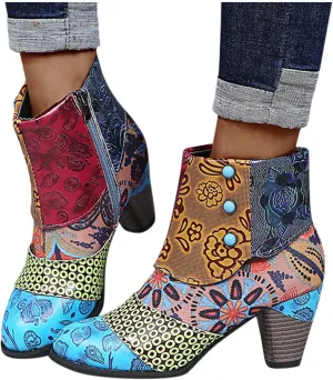 Hbeylia Boots For Women Fashion Snake Leather Round Toe Pump Ankle Booties Trendy Chunky High Heels Dress Short Boots For Ladies
